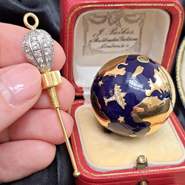 Unique Blue Enamel and 14ct Yellow Gold World Globe Perfume Scent Holder with Single Cut Diamonds