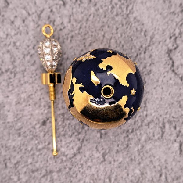 Unique Blue Enamel and 14ct Yellow Gold World Globe Perfume Scent Holder with Eight Cut Diamonds