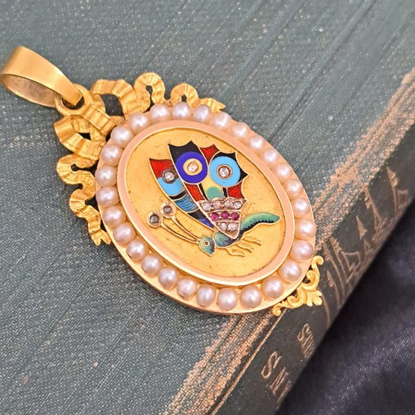Late Victorian Antique French Multi Colour Enamel Butterfly 18ct Yellow Gold Locket Pendant with Pearls