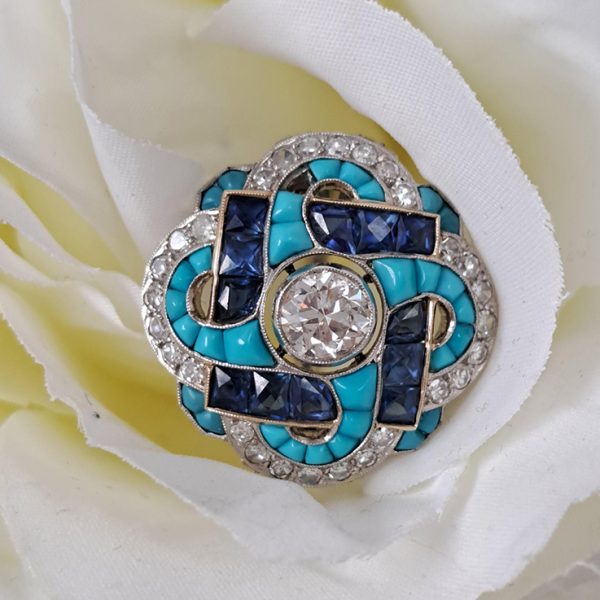 Antique Art Deco 0.80ct Old Transitional Cut Diamond Turquoise Sapphire Cluster Cocktail Ring in Platinum