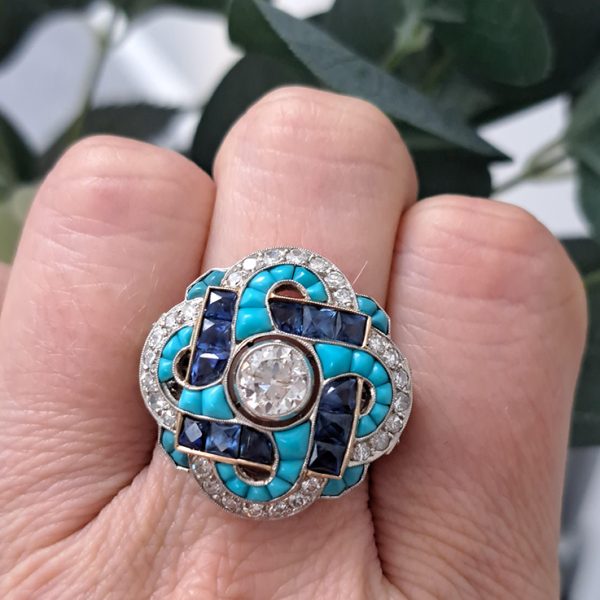 Antique Art Deco 0.80ct Diamond Turquoise Sapphire Cluster Cocktail Ring in Platinum