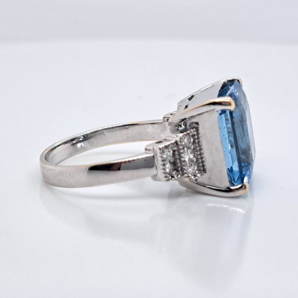 Vintage 8ct Square Cut Aquamarine and Diamond Dress Ring in 18ct White Gold