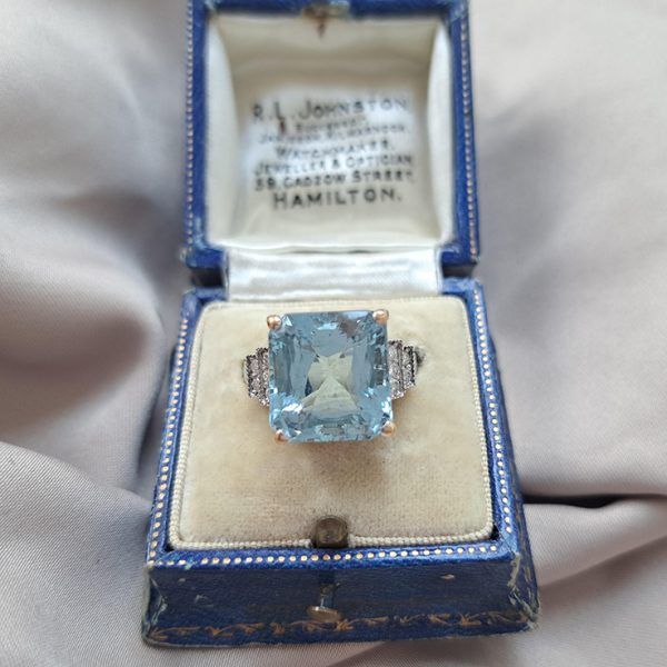 Vintage 8ct Square Aquamarine and Diamond Cocktail Ring in 18ct White Gold