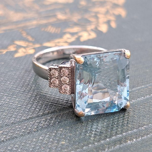 Vintage 8ct Square Aquamarine and Diamond Cocktail Ring in 18ct White Gold