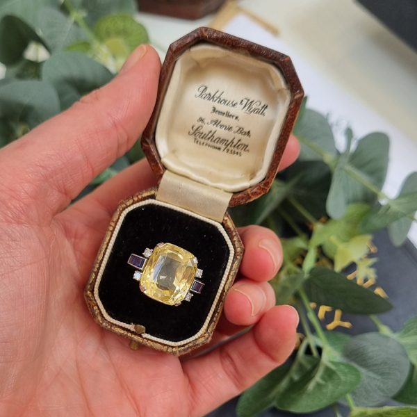 Vintage 1940s Retro 16cts Cushion Cut Yellow Sapphire Ring with Blue Sapphire and Diamond Shoulders in Platinum
