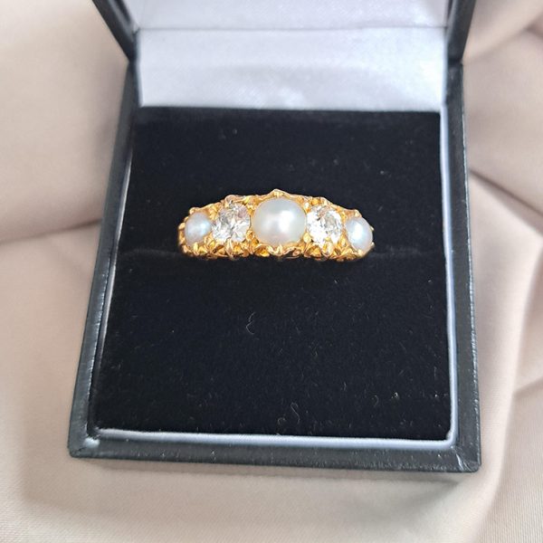 Victorian Antique 1ct Old Cut Diamond and Pearl Five Stone Ring