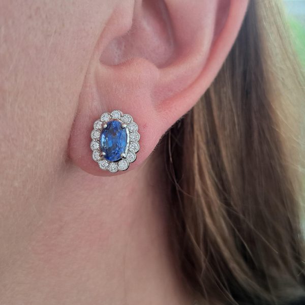 3.67ct Oval Sapphire and Diamond Cluster Stud Earrings