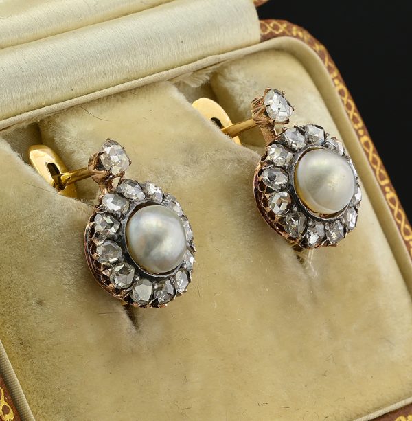 Victorian Antique Natural Pearl and Rose Cut Diamond Cluster Earrings