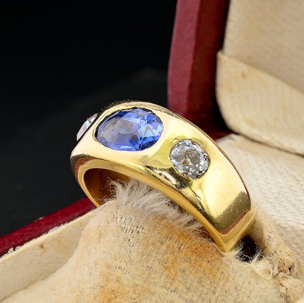 Vintage Certified 2.10ct Ceylon No Heat Sapphire and Diamond Three Stone Gypsy Ring in Chunky 18ct Yellow Gold Band