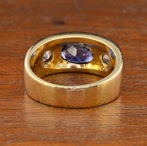 Vintage Certified 2.10ct Ceylon No Heat Sapphire and Diamond Three Stone Gypsy Ring in Chunky 18ct Yellow Gold Band