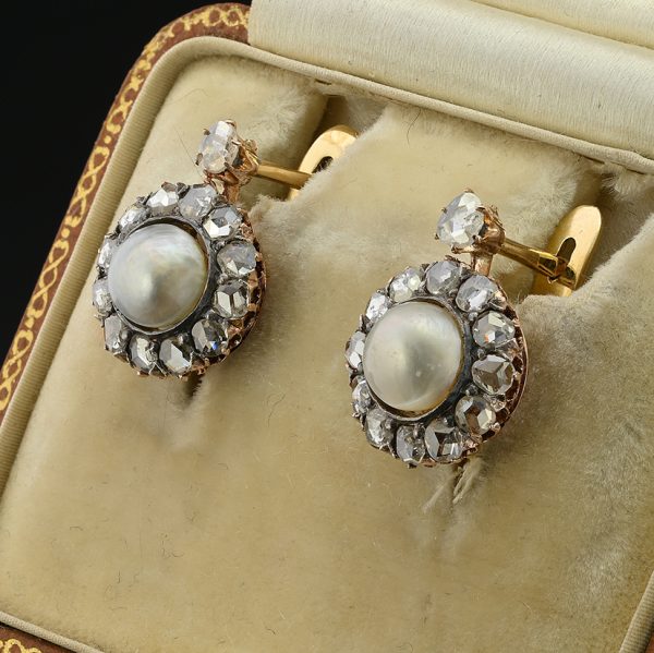 Victorian Antique Natural Pearl and Rose Cut Diamond Cluster Earrings