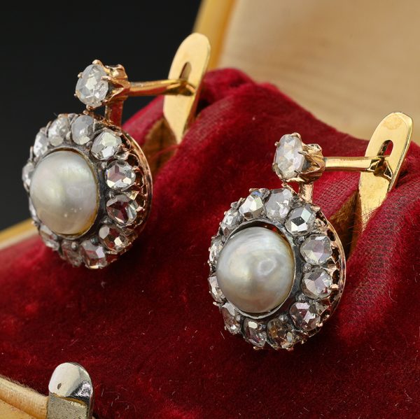 Victorian Antique Natural Pearl and Rose Cut Diamond Cluster Earrings