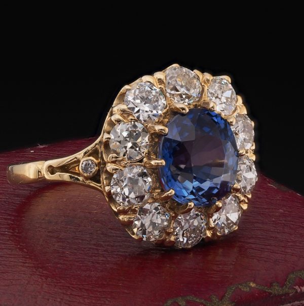 Victorian Antique 3.60ct Natural No Heat Burma Sapphire and Old Cut Diamond Cluster Engagement Ring