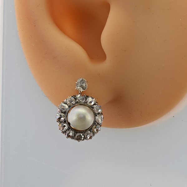 Victorian Antique Natural Pearl and Rose Cut Diamond Cluster Earrings