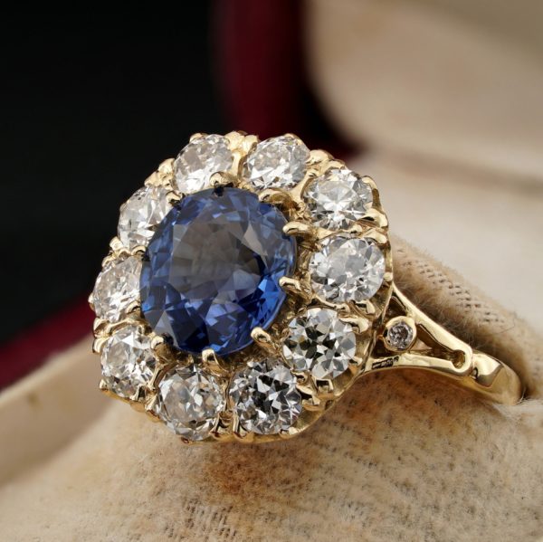 Victorian Antique 3.60ct Natural No Heat Burma Sapphire and Old Cut Diamond Cluster Engagement Ring