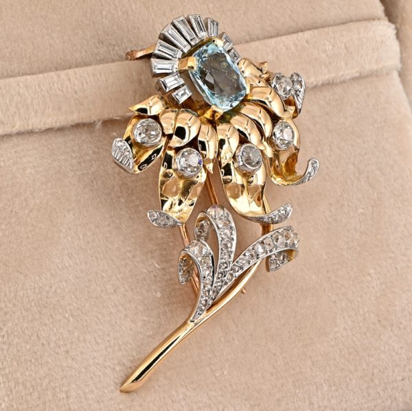 Vintage Retro 4.20ct Aquamarine Diamond Gold Platinum Floral Spray Brooch