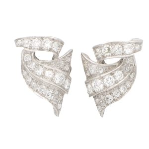 1.70 Carats Old Mine Cut Diamond Scroll Earrings In Platinum