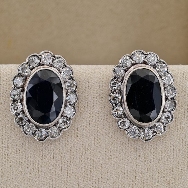 Vintage 8.40ct Natural Sapphire and Old European Cut Diamond Cluster Clip Earrings