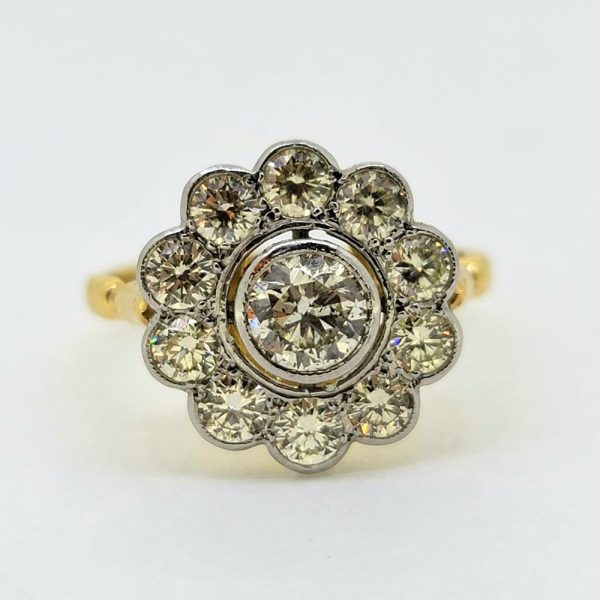 Vintage 1.75ct Diamond Daisy Cluster Engagement Ring in Platinum and 18ct Yellow Gold