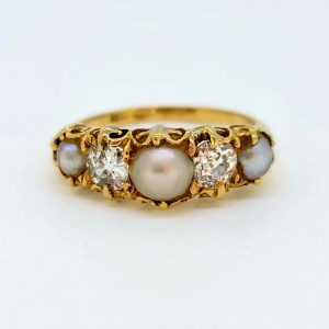 Victorian Antique Pearl and Old Cut Diamond Five Stone Ring