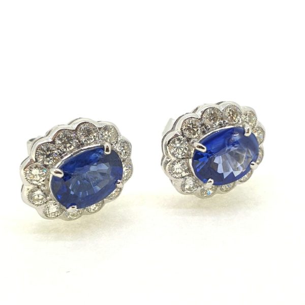 2.80ct Oval Sapphire and Diamond Floral Cluster Stud Earrings in 18ct White Gold
