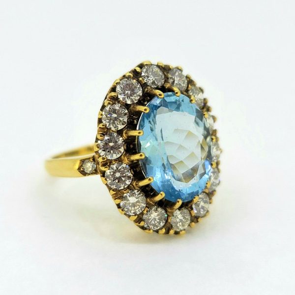Vintage 4.50ct Aquamarine and 1.80ct Old Cut Diamond Cluster Ring in 18ct Yellow Gold