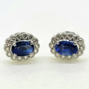 3.67ct Sapphire and Diamond Oval Cluster Stud Earrings in 18ct White Gold