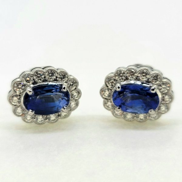 3.67ct Sapphire and Diamond Oval Cluster Stud Earrings in 18ct White Gold