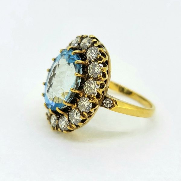 Vintage 4.50ct Aquamarine and 1.80ct Old Cut Diamond Cluster Ring in 18ct Yellow Gold