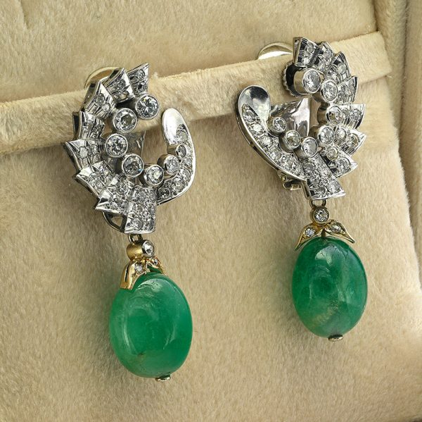 Art Deco Italian 40cts Emerald and 3.20ct Diamond Day and Night Earrings by Umberto Fontana