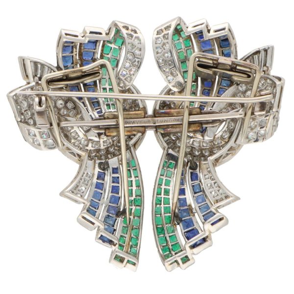 Art Deco Drayson emerald, sapphire and diamond suite set in platinum.