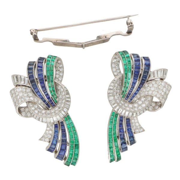 Art Deco Drayson emerald, sapphire and diamond suite set in platinum.