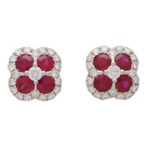 Ruby and Diamond Floral Cluster Earrings In 18 Carat White Gold