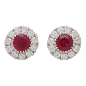 Ruby and Diamond Circular Cluster Earrings In 18 Carat White Gold