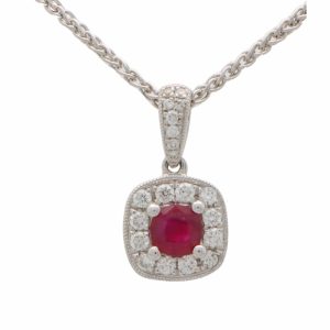 Ruby and Diamond Cluster Pendant In 18 Carat White Gold