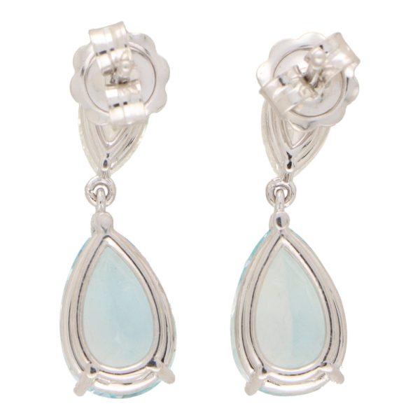 Aquamarine and diamond drop earrings in platinum.