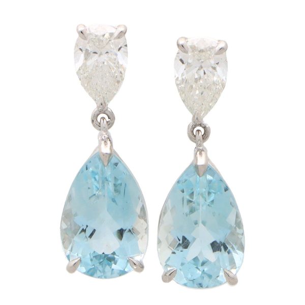 Aquamarine and diamond drop earrings in platinum.