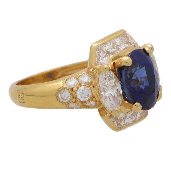 Vintage Givenchy sapphire and diamond ring set in yellow gold.