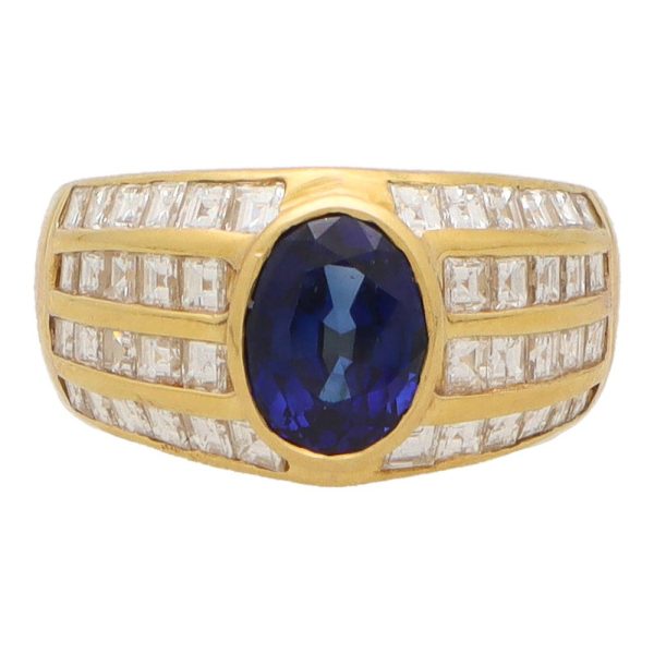 Vintage sapphire and diamond dress ring in yellow gold.