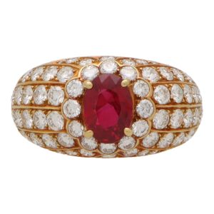 Vintage 1.69 Carat Ruby and Diamond Cluster Bombe Ring In Yellow Gold