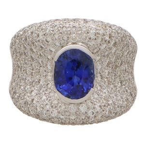 Vintage 2.77 Carat Sapphire and Diamond Bombe Ring In White Gold