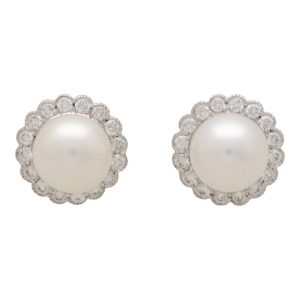 Pearl and Diamond Cluster Stud Earrings in White Gold