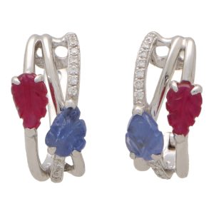 Contemporary Ruby, Sapphire and Diamond Hoop Earrings In White Gold