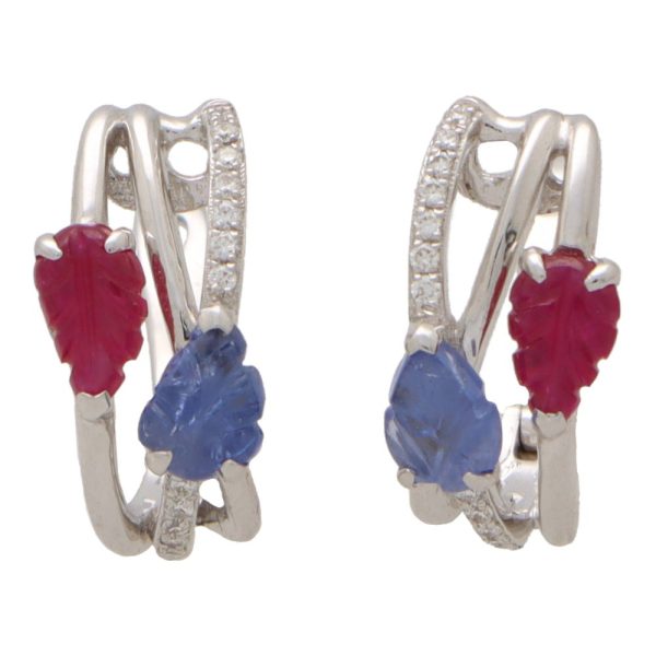 Ruby, sapphire and diamond hoop earrings in white gold