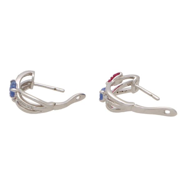 Ruby, sapphire and diamond hoop earrings in white gold