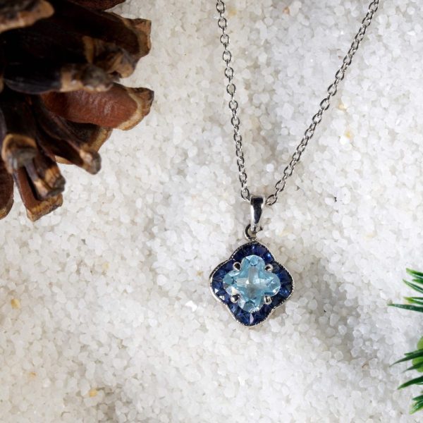 Fancy Lily Cut 1ct Blue Topaz and Blue Sapphire Cluster Pendant Necklace