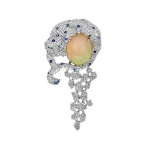 Opal and Diamond Leopard Brooch with Sapphire and Emerald