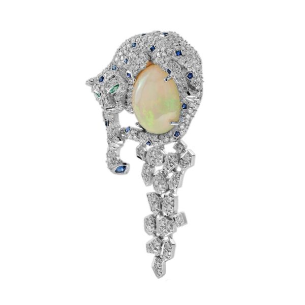 Opal and Diamond Leopard Brooch with Sapphire and Emerald