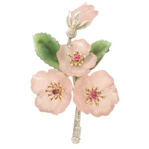 Rose Quartz, Nephrite, Ruby and Diamond Floral Spray Brooch In White Gold