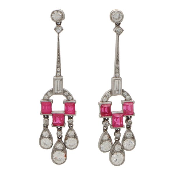 Art Deco diamond and ruby drop earrings in platinum.